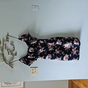 Bardot style Off shoulder ruffle mini dress in navy floral